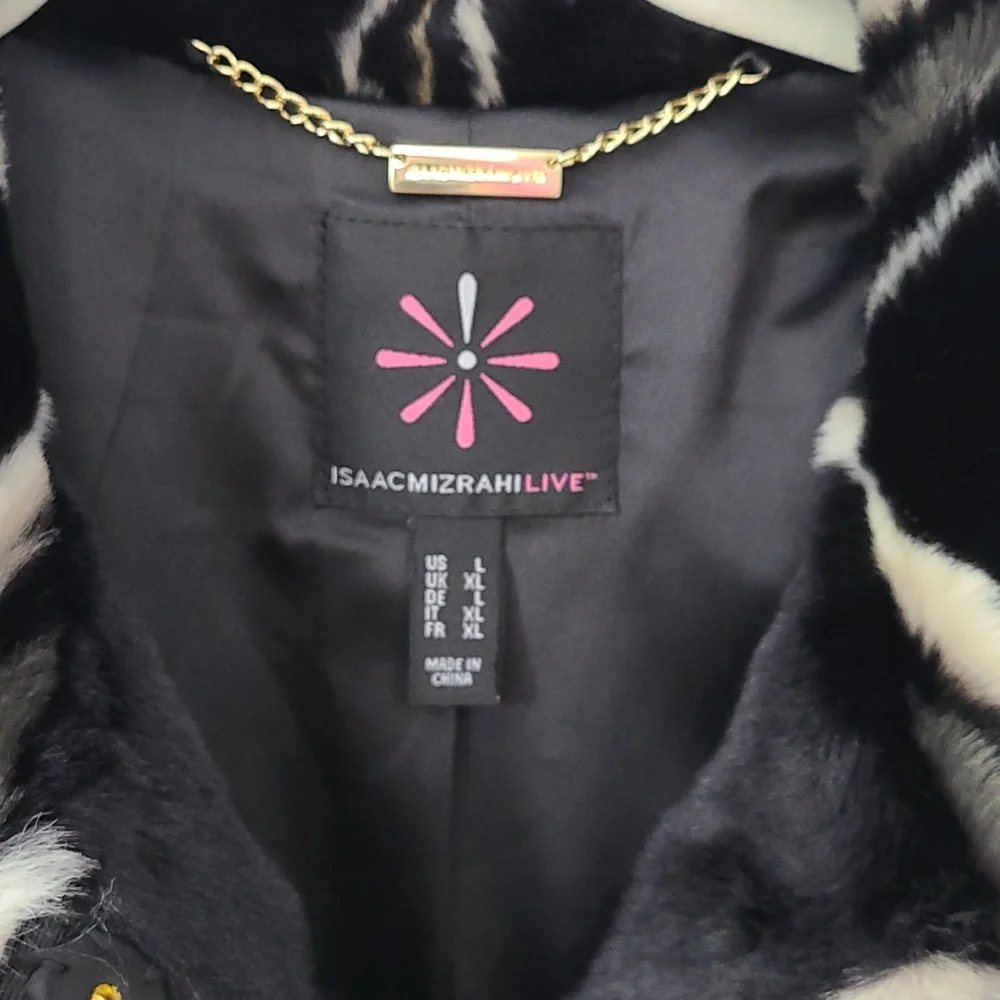 ISAAC MIZRAHI LIVE Faux Fur Dress Coat plaid, long Sz L - Picture 4 of 8